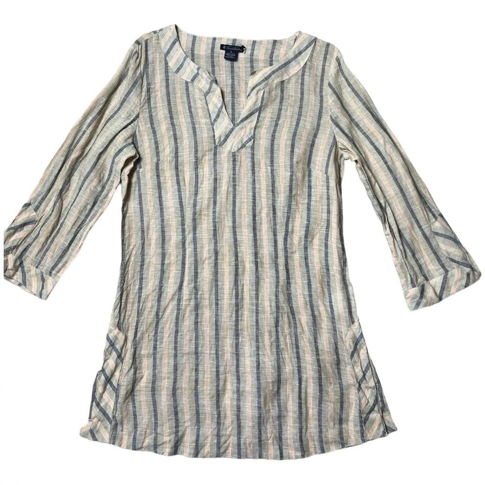 Brooks Brothers Women Linen Tunic Top Size S Fabric Woven in Italy striped Tan